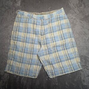 Tommy Bahama Relax Shorts Mens 36 Blue Yellow Plaid 100% Linen Flat Front Casual